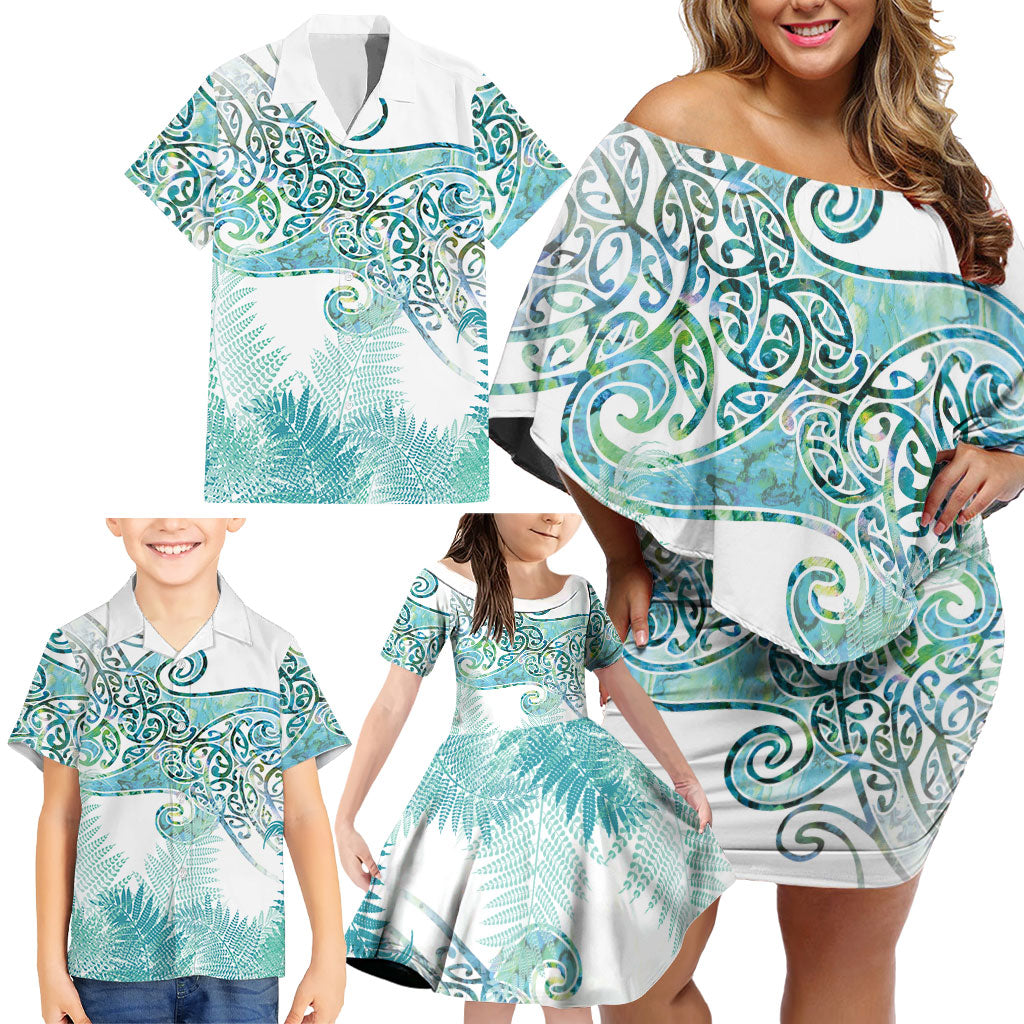 Aotearoa Maori Koru Curves Family Matching Off Shoulder Short Dress and Hawaiian Shirt Mossy Paua Shell LT7 - Polynesian Pride
