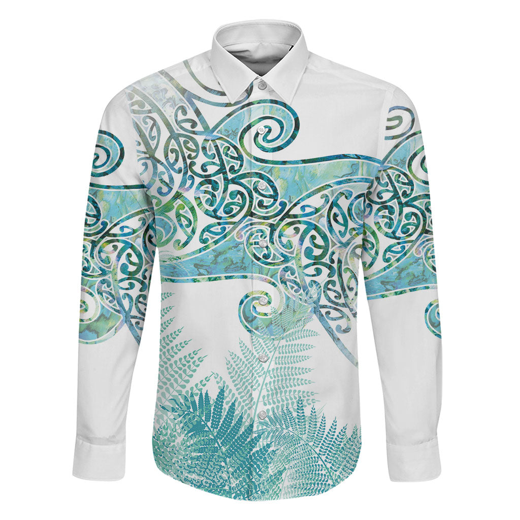 Aotearoa Maori Koru Curves Family Matching Off Shoulder Short Dress and Hawaiian Shirt Mossy Paua Shell LT7 Dad's Shirt - Long Sleeve Green - Polynesian Pride