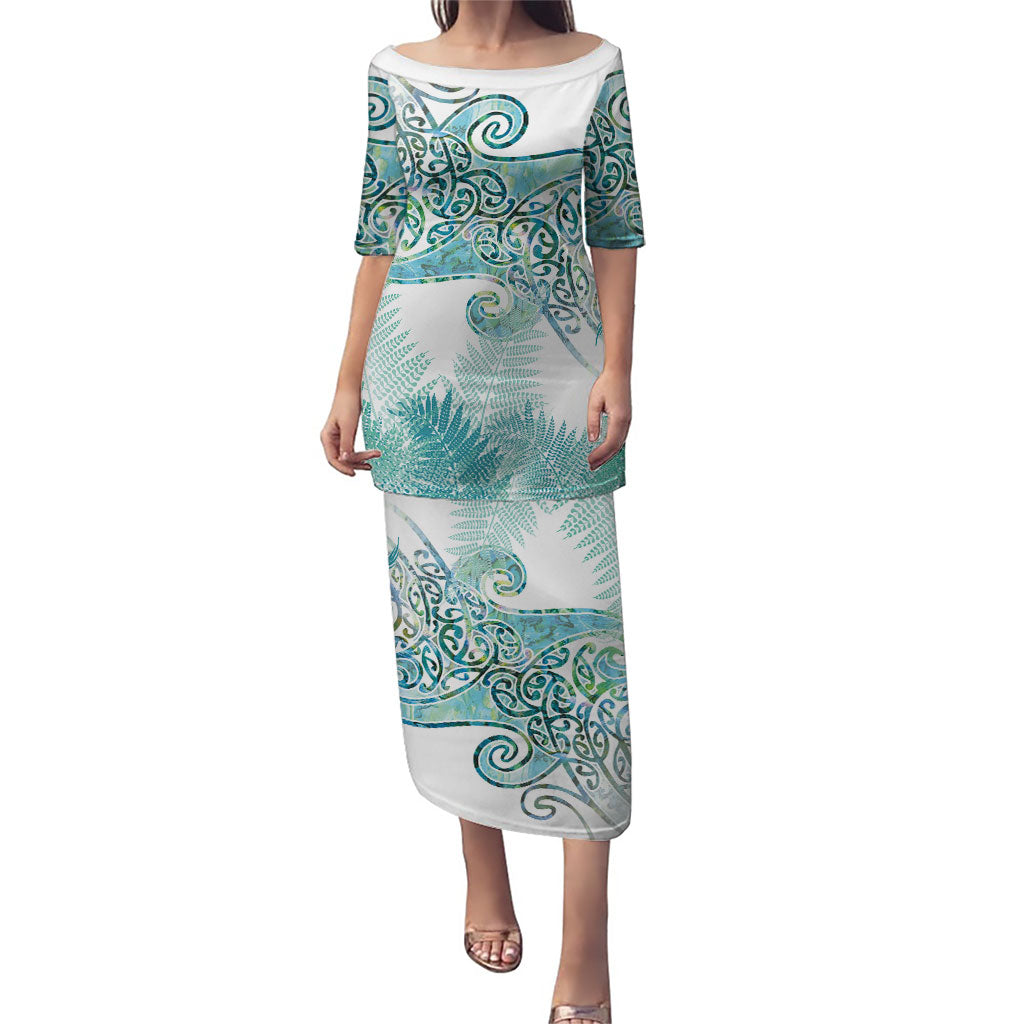 Aotearoa Maori Koru Curves Family Matching Puletasi and Hawaiian Shirt Mossy Paua Shell LT7 Mom's Dress Green - Polynesian Pride