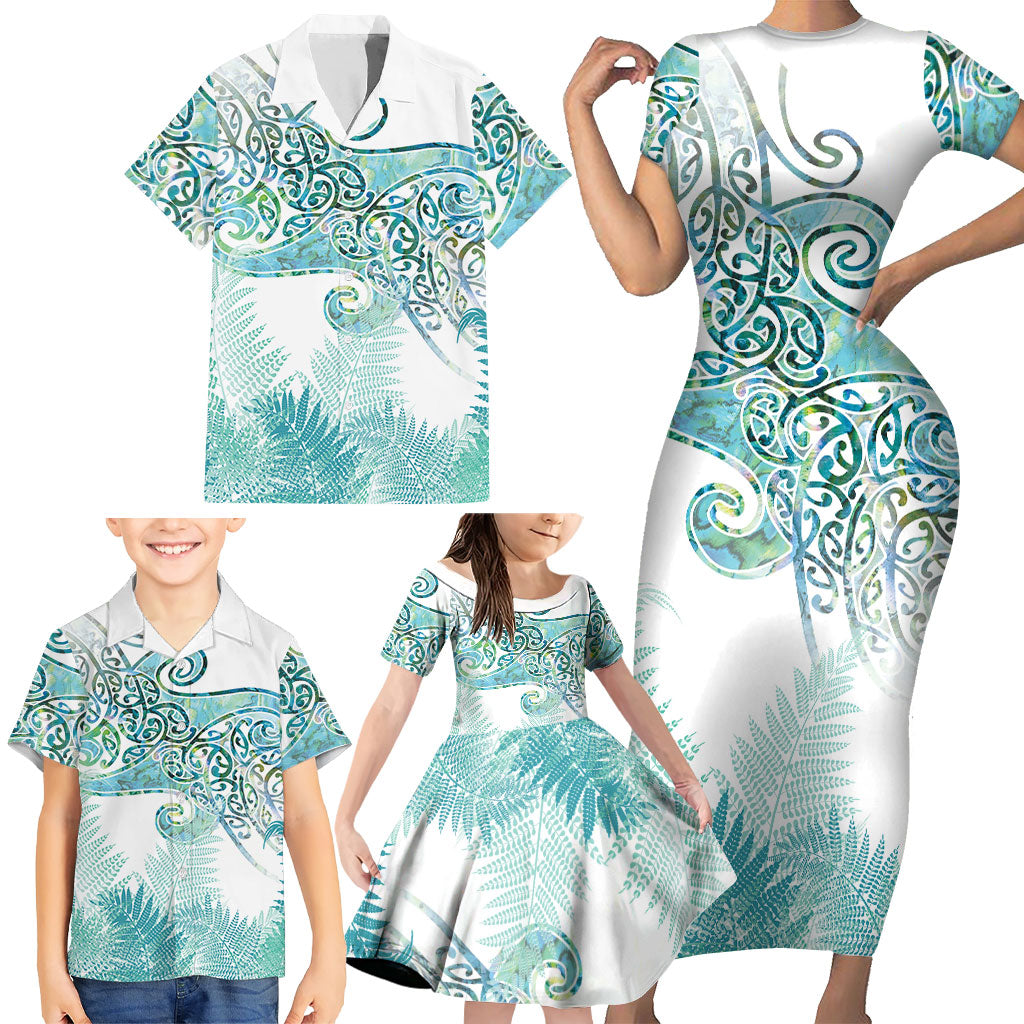 Aotearoa Maori Koru Curves Family Matching Short Sleeve Bodycon Dress and Hawaiian Shirt Mossy Paua Shell LT7 - Polynesian Pride
