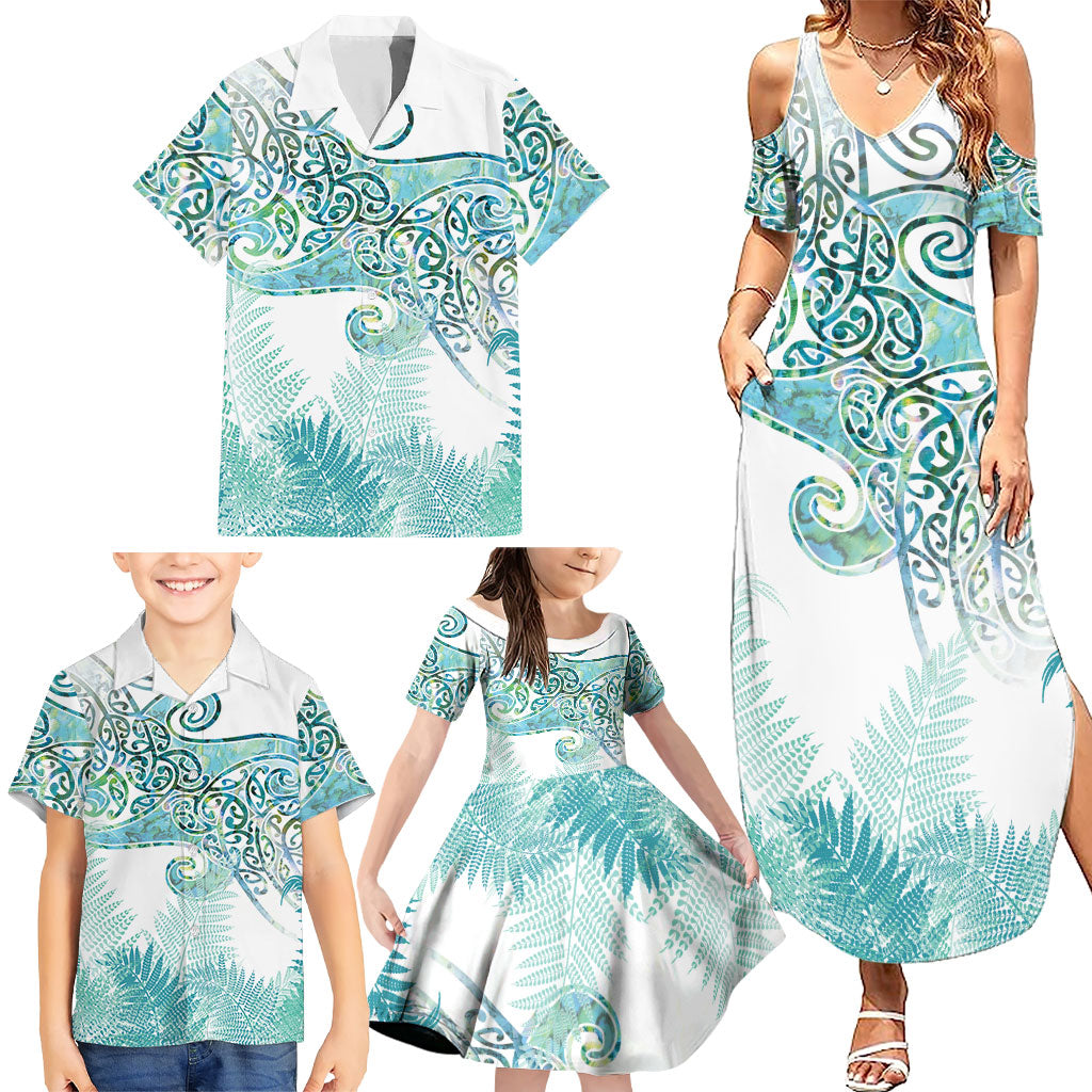 Aotearoa Maori Koru Curves Family Matching Summer Maxi Dress and Hawaiian Shirt Mossy Paua Shell LT7 - Polynesian Pride