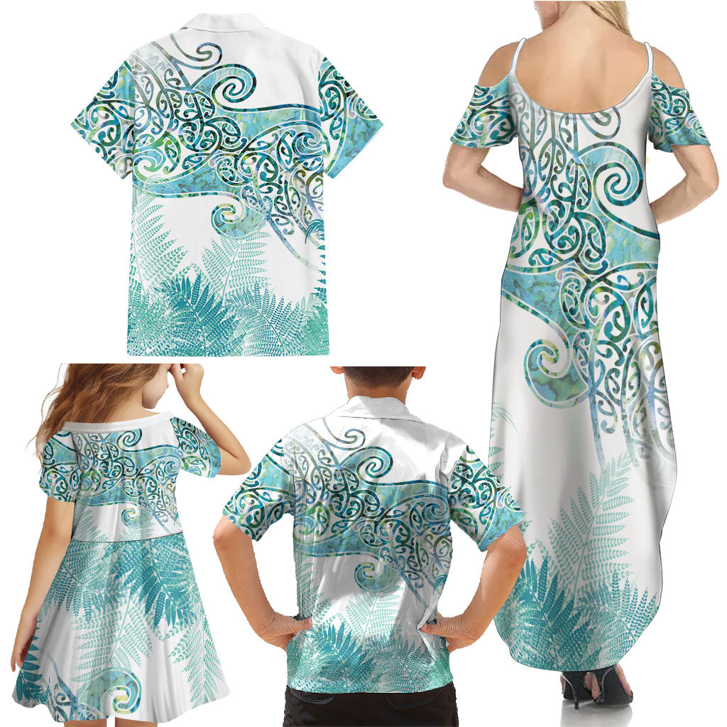 Aotearoa Maori Koru Curves Family Matching Summer Maxi Dress and Hawaiian Shirt Mossy Paua Shell LT7 - Polynesian Pride