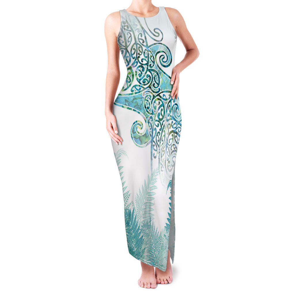 Aotearoa Maori Koru Curves Family Matching Tank Maxi Dress and Hawaiian Shirt Mossy Paua Shell LT7 Mom's Dress Green - Polynesian Pride