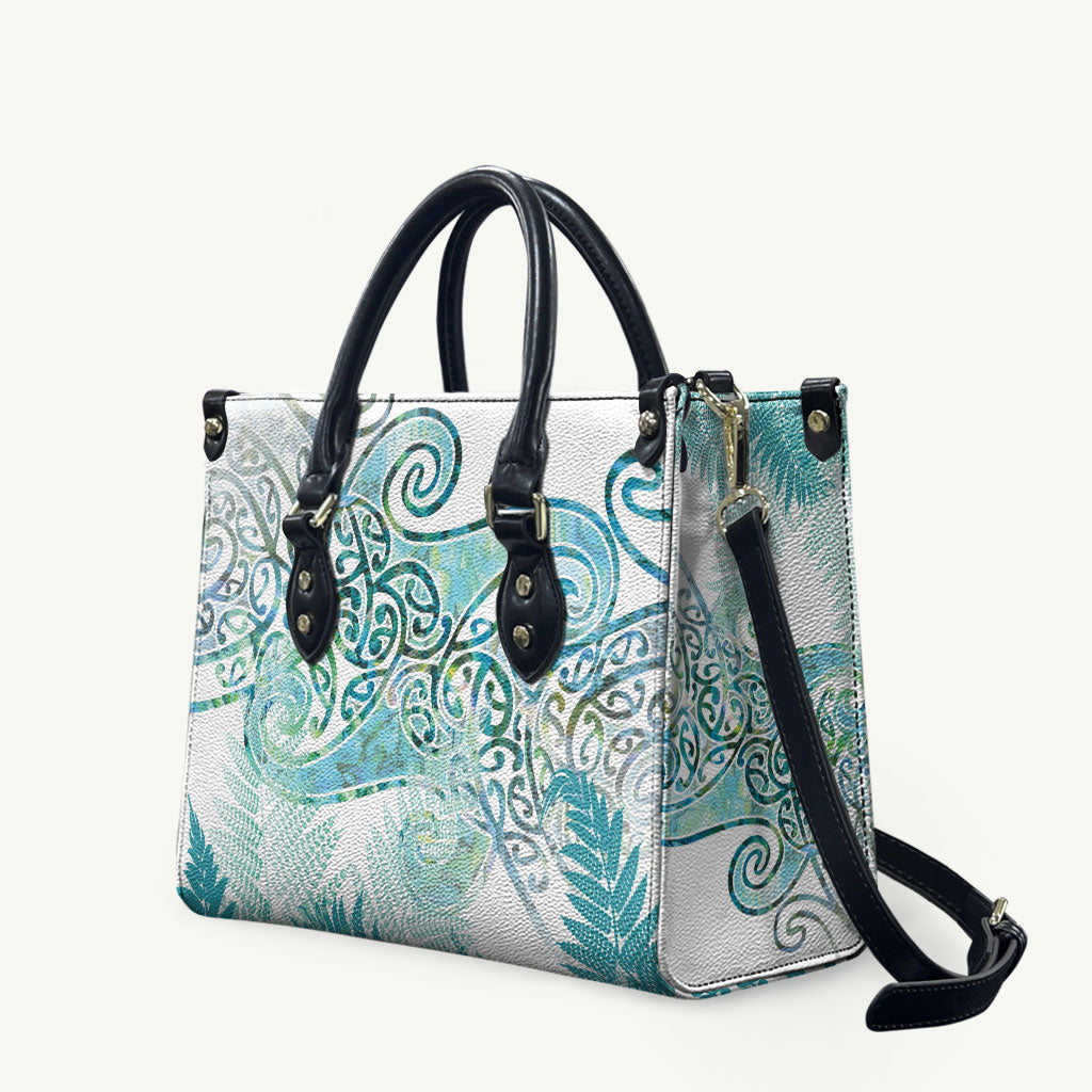 Aotearoa Maori Koru Curves Leather Bag Mossy Paua Shell