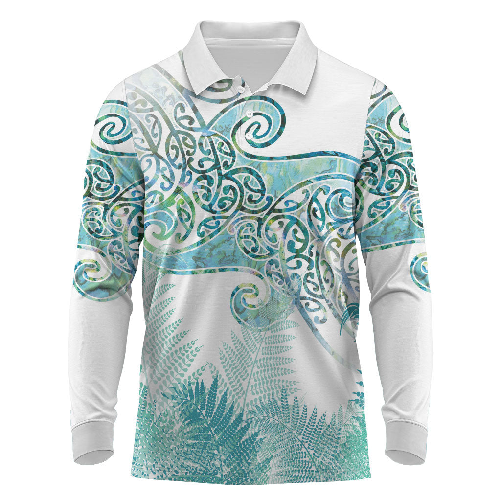Aotearoa Maori Koru Curves Long Sleeve Polo Shirt Mossy Paua Shell LT7 Green - Polynesian Pride
