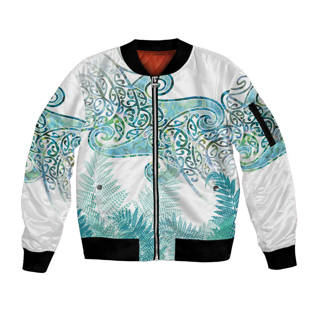 Aotearoa Maori Koru Curves Sleeve Zip Bomber Jacket Mossy Paua Shell LT7 Unisex Green - Polynesian Pride