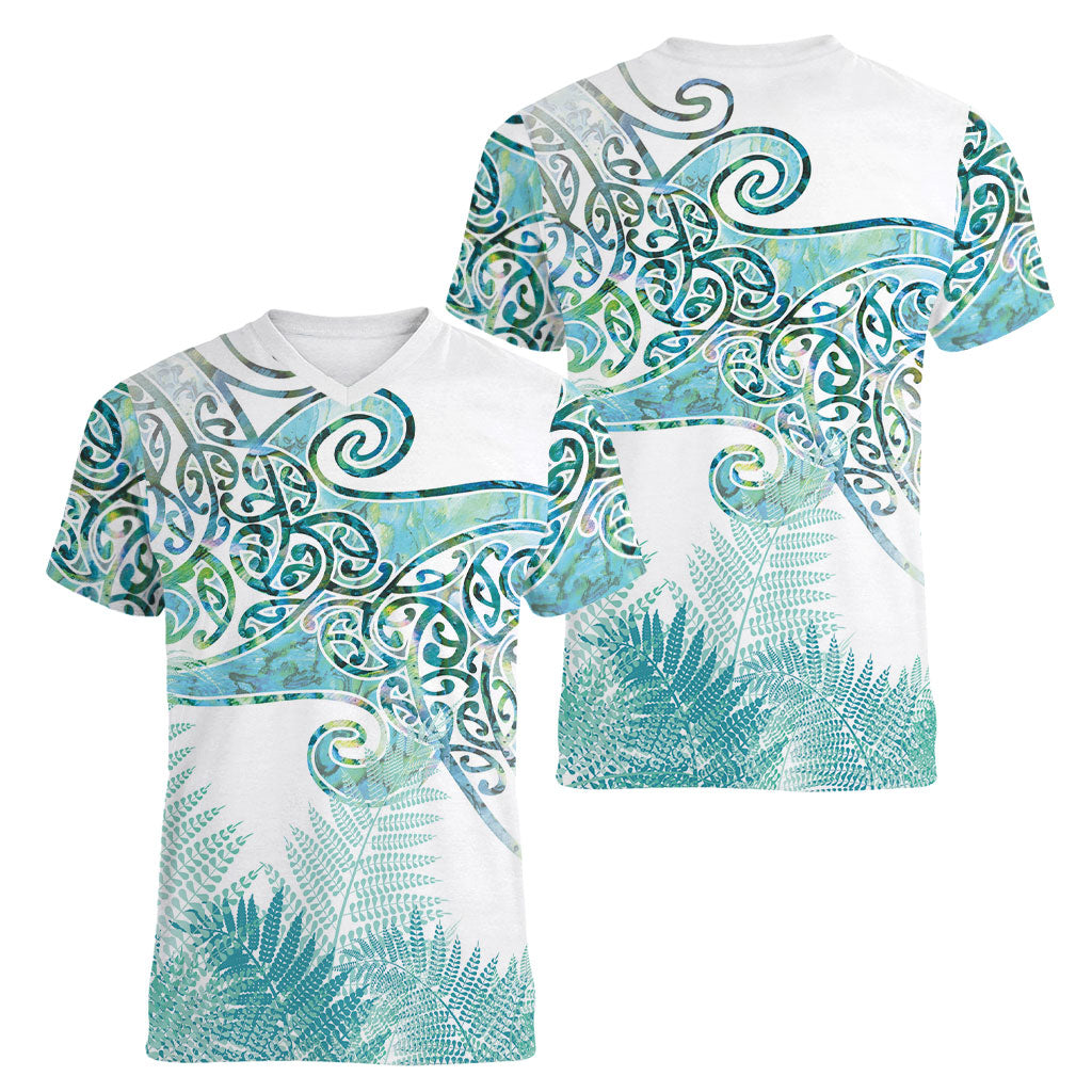 Aotearoa Maori Koru Curves Women V-Neck T-Shirt Mossy Paua Shell LT7 - Polynesian Pride