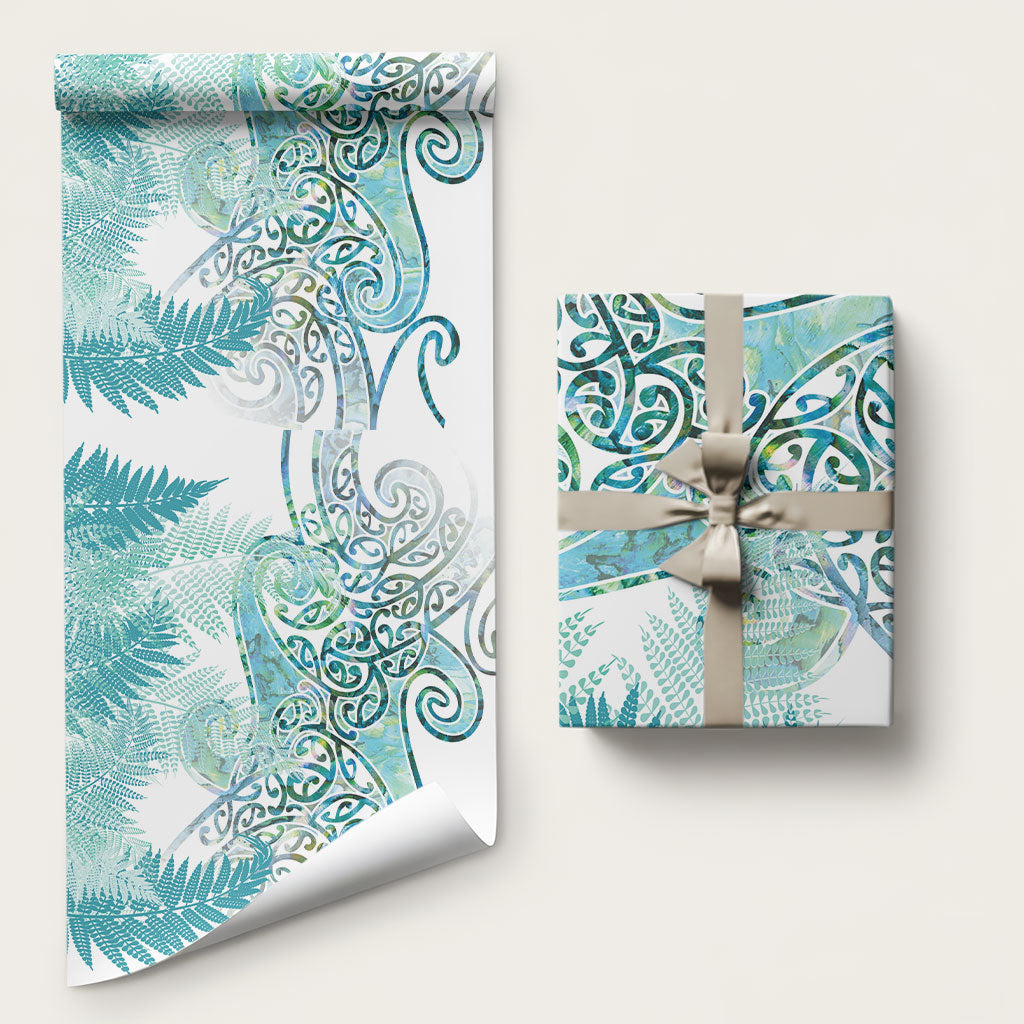 Aotearoa Maori Koru Curves Wrapping Paper Mossy Paua Shell LT7 58" × 23" Green - Polynesian Pride