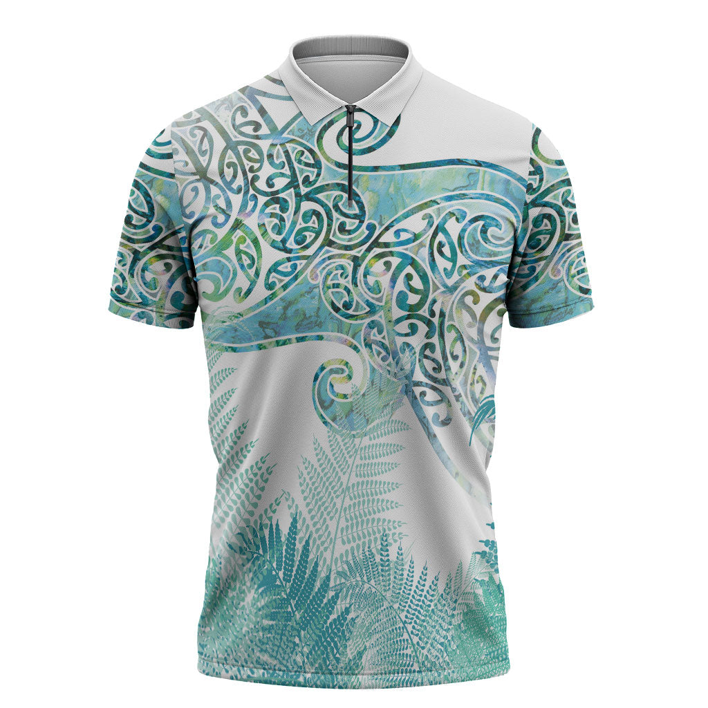 Aotearoa Maori Koru Curves Zipper Polo Shirt Mossy Paua Shell