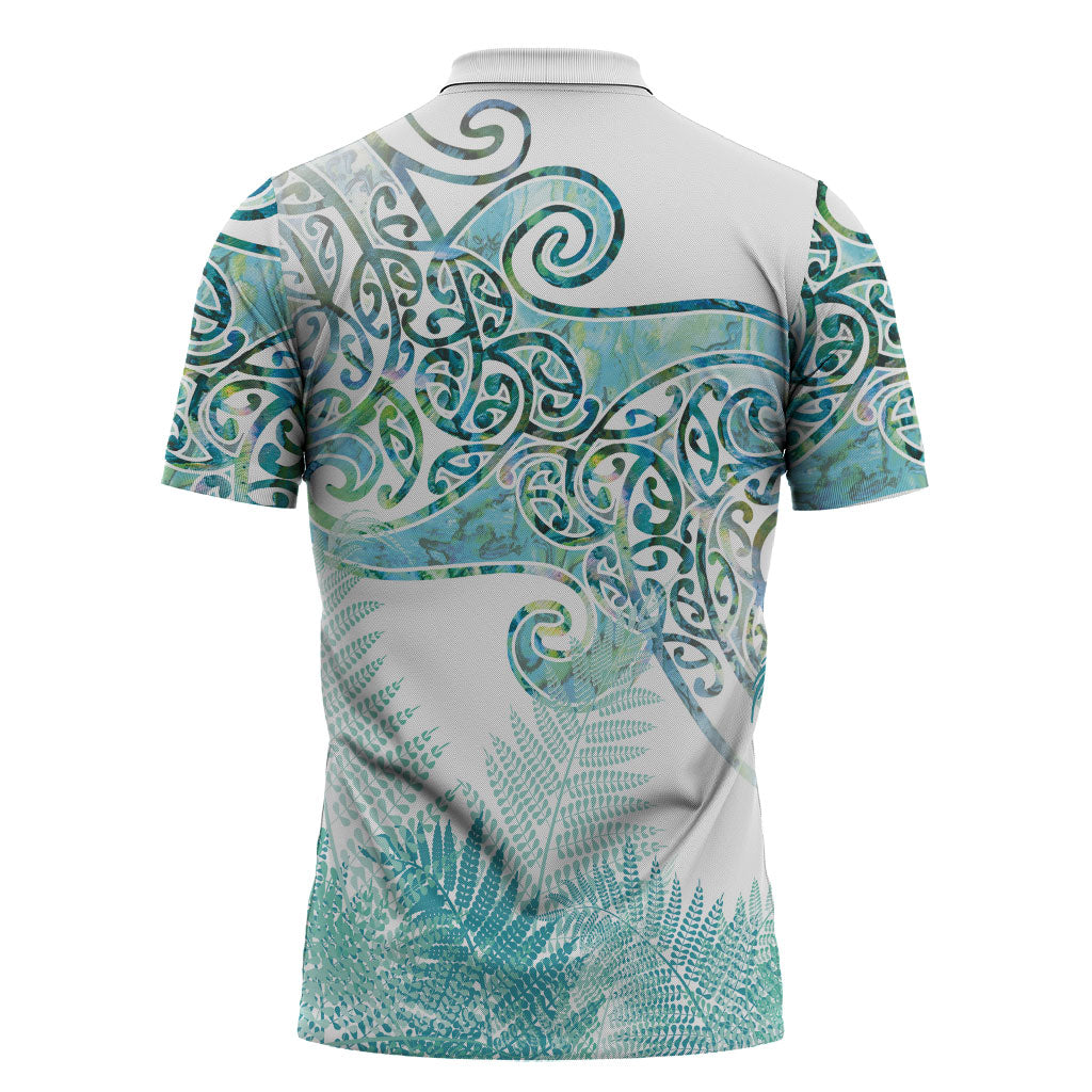 Aotearoa Maori Koru Curves Zipper Polo Shirt Mossy Paua Shell