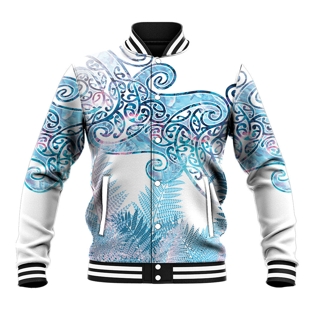Aotearoa Maori Koru Curves Baseball Jacket Aqua Paua Shell LT7 Unisex Blue - Polynesian Pride