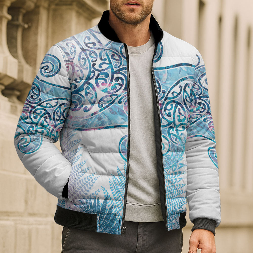 Aotearoa Maori Koru Curves Bomber Puffer Jacket Aqua Paua Shell