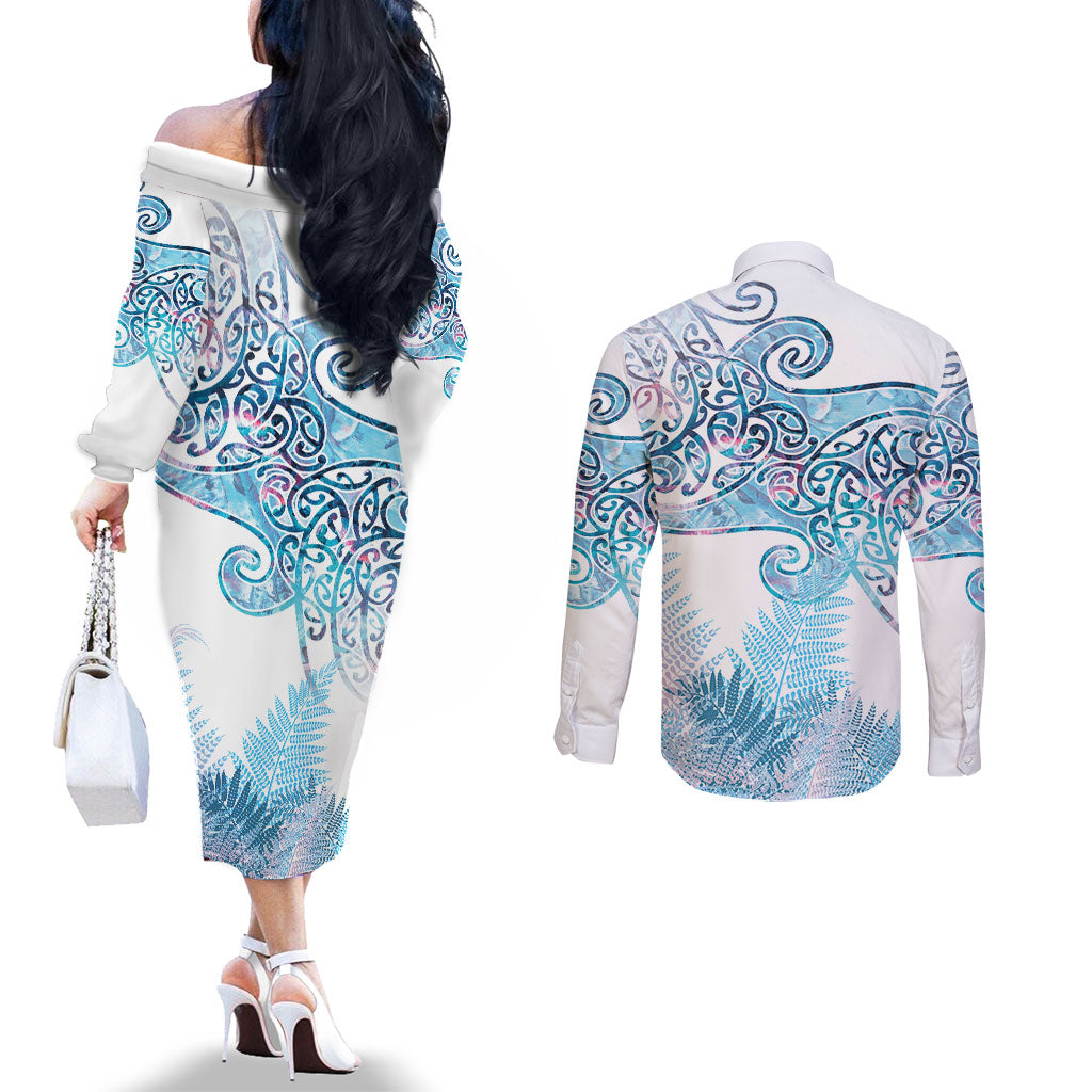 Aotearoa Maori Koru Curves Couples Matching Off The Shoulder Long Sleeve Dress and Long Sleeve Button Shirt Aqua Paua Shell LT7 - Polynesian Pride