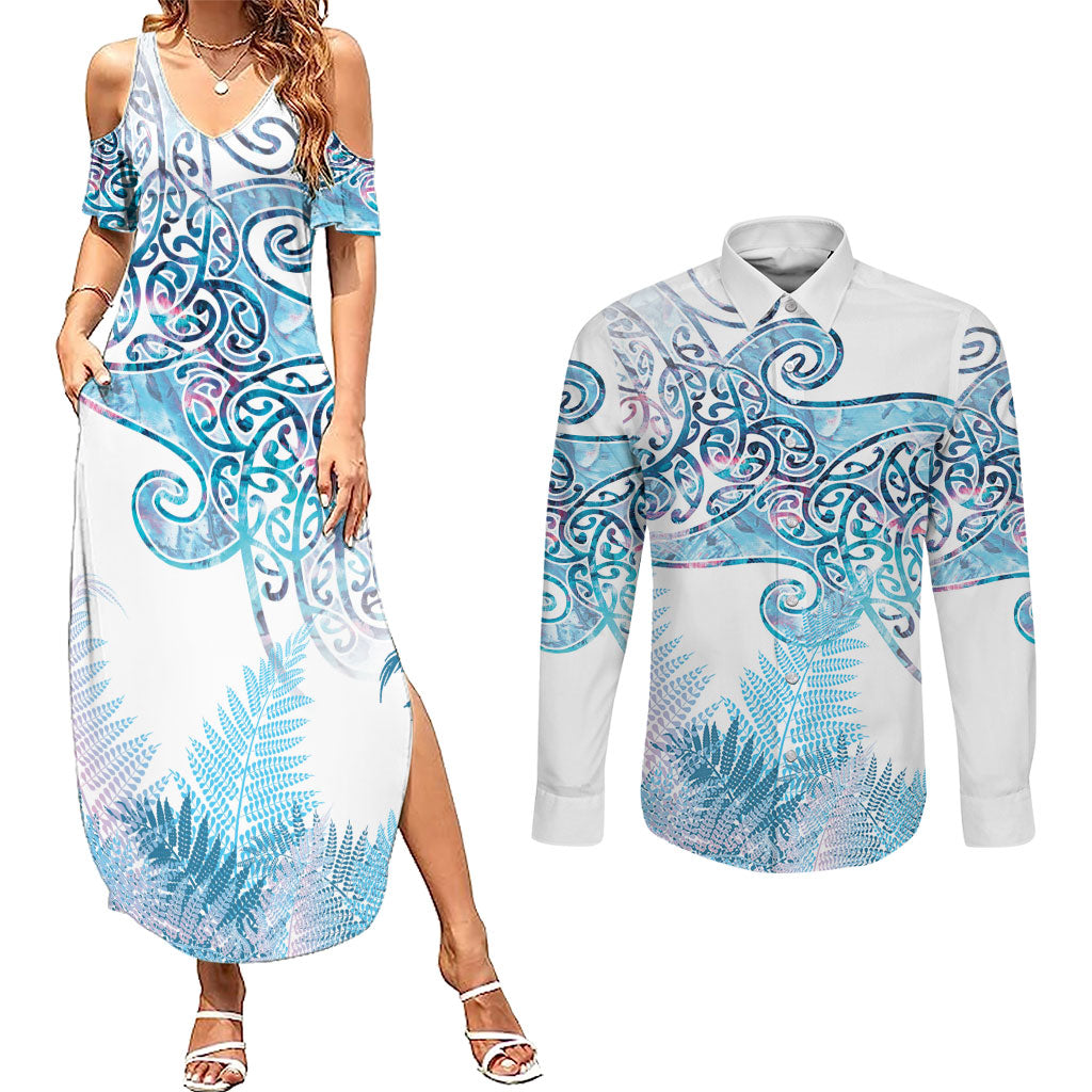 Aotearoa Maori Koru Curves Couples Matching Summer Maxi Dress and Long Sleeve Button Shirt Aqua Paua Shell
