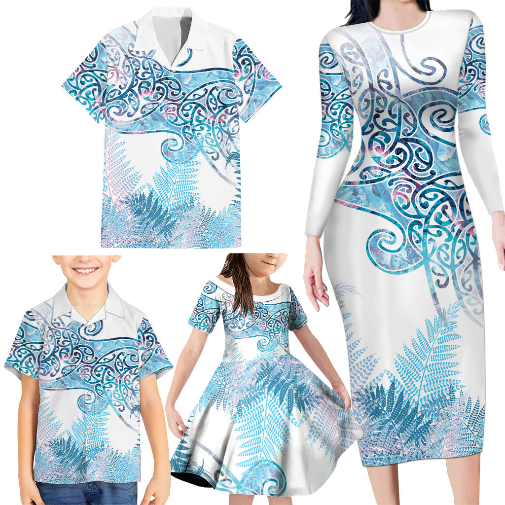 Aotearoa Maori Koru Curves Family Matching Long Sleeve Bodycon Dress and Hawaiian Shirt Aqua Paua Shell LT7 - Polynesian Pride
