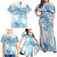 Aotearoa Maori Koru Curves Family Matching Off Shoulder Maxi Dress and Hawaiian Shirt Aqua Paua Shell LT7 - Polynesian Pride
