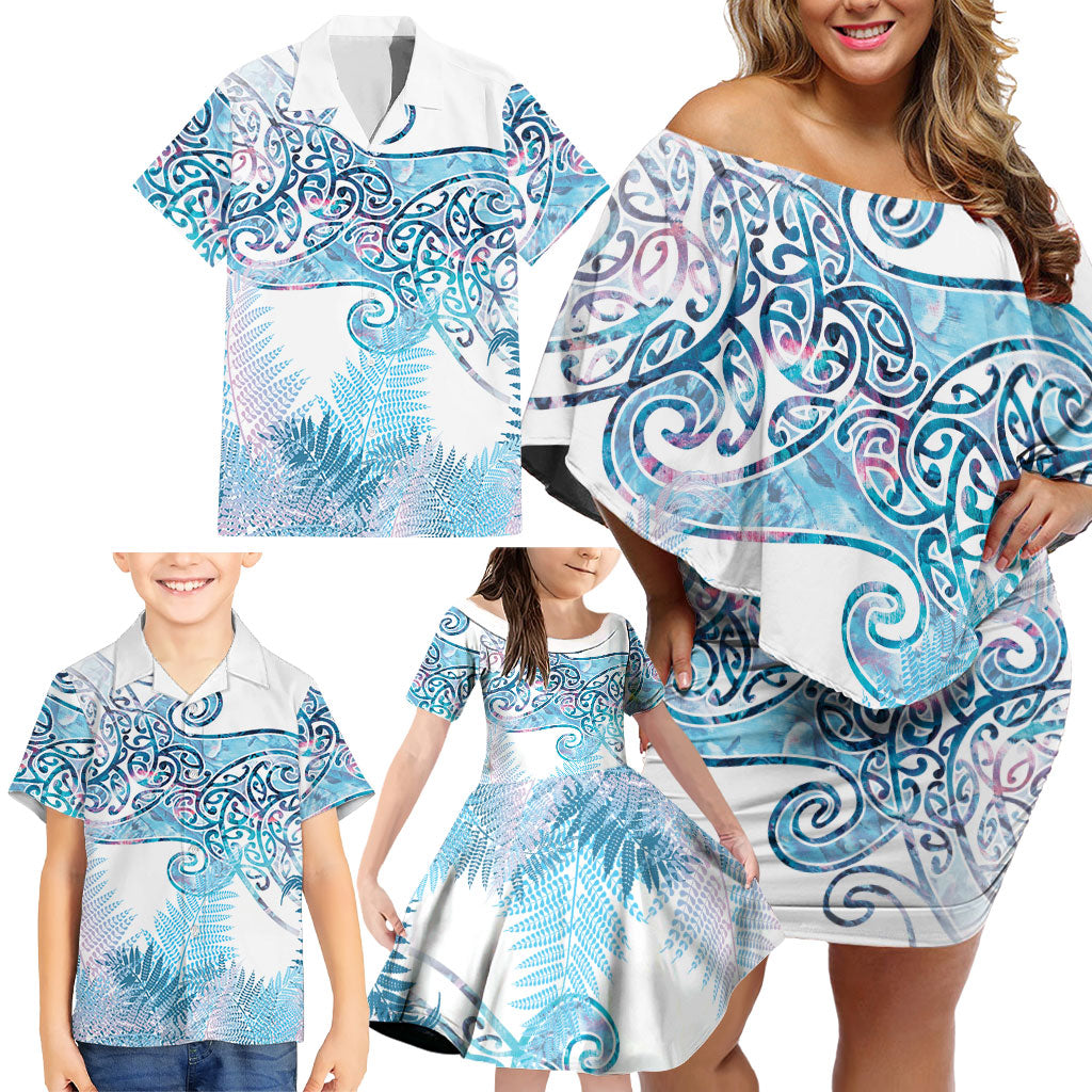 Aotearoa Maori Koru Curves Family Matching Off Shoulder Short Dress and Hawaiian Shirt Aqua Paua Shell LT7 - Polynesian Pride