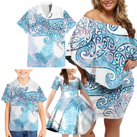 Aotearoa Maori Koru Curves Family Matching Off Shoulder Short Dress and Hawaiian Shirt Aqua Paua Shell LT7 - Polynesian Pride
