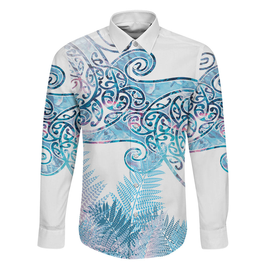Aotearoa Maori Koru Curves Family Matching Off Shoulder Short Dress and Hawaiian Shirt Aqua Paua Shell LT7 Dad's Shirt - Long Sleeve Blue - Polynesian Pride