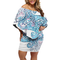 Aotearoa Maori Koru Curves Family Matching Off Shoulder Short Dress and Hawaiian Shirt Aqua Paua Shell LT7 Mom's Dress Blue - Polynesian Pride