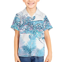 Aotearoa Maori Koru Curves Family Matching Off Shoulder Short Dress and Hawaiian Shirt Aqua Paua Shell LT7 Son's Shirt Blue - Polynesian Pride