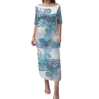 Aotearoa Maori Koru Curves Family Matching Puletasi and Hawaiian Shirt Aqua Paua Shell LT7 Mom's Dress Blue - Polynesian Pride