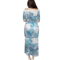 Aotearoa Maori Koru Curves Family Matching Puletasi and Hawaiian Shirt Aqua Paua Shell LT7 - Polynesian Pride