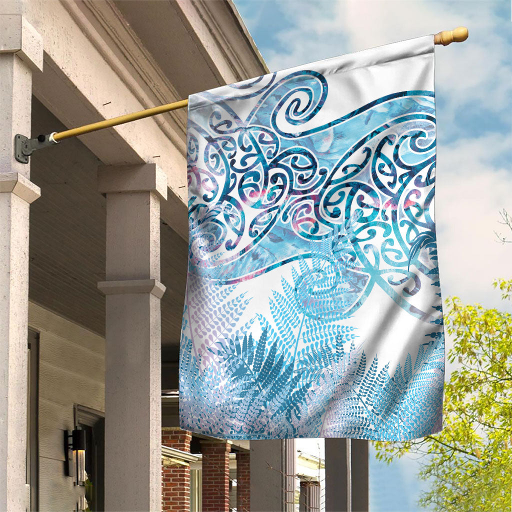 Aotearoa Maori Koru Curves Garden Flag Aqua Paua Shell LT7 House Flag Blue - Polynesian Pride