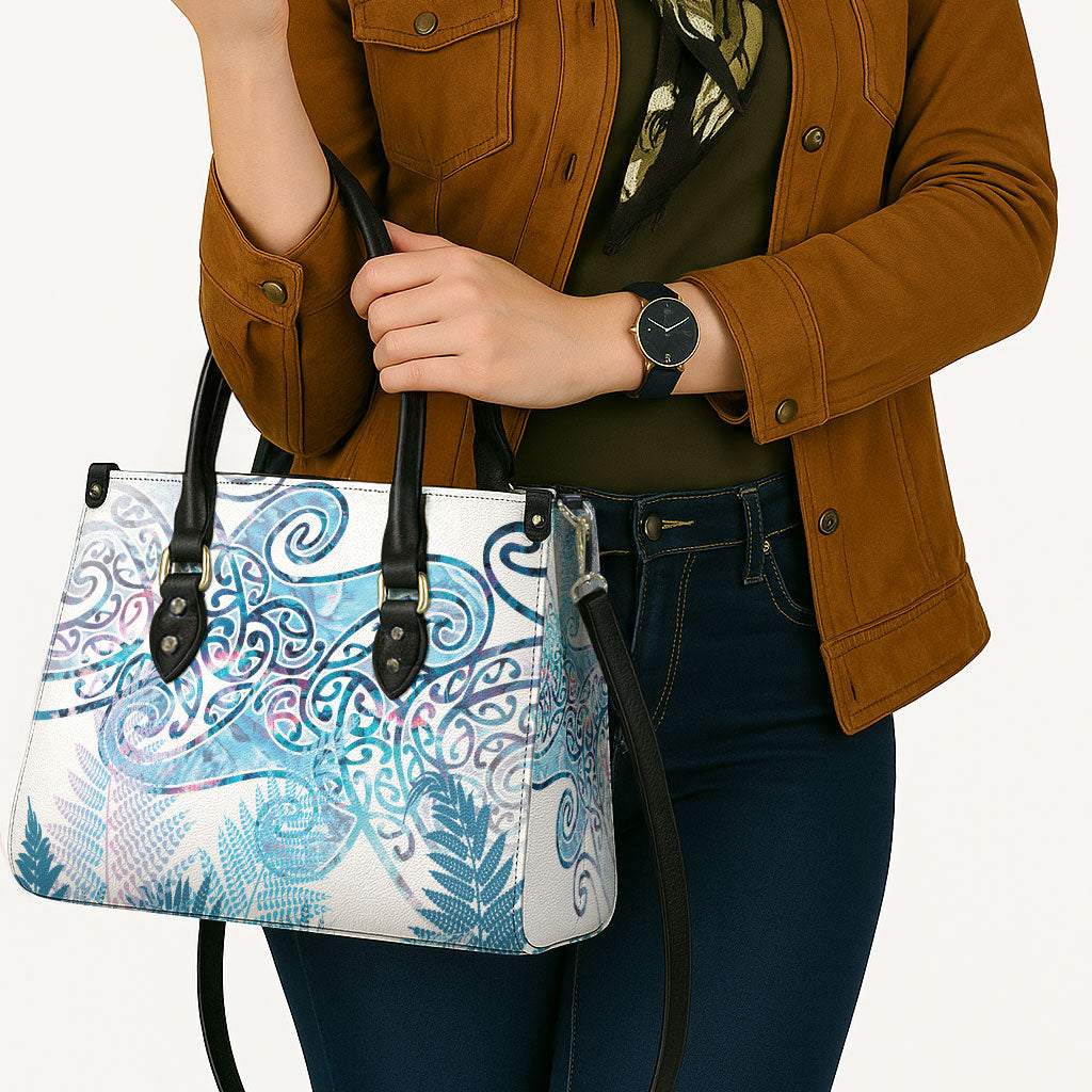 Aotearoa Maori Koru Curves Leather Bag Aqua Paua Shell