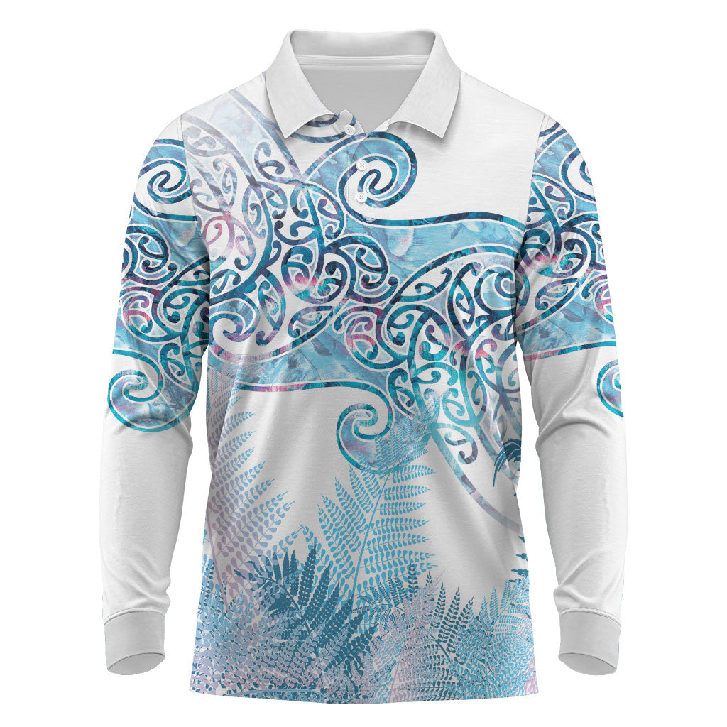 Aotearoa Maori Koru Curves Long Sleeve Polo Shirt Aqua Paua Shell LT7 Blue - Polynesian Pride