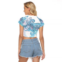 Aotearoa Maori Koru Curves Raglan Cropped T Shirt Aqua Paua Shell LT7 - Polynesian Pride