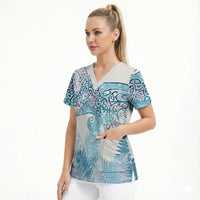 Aotearoa Maori Koru Curves Scrub Top Aqua Paua Shell