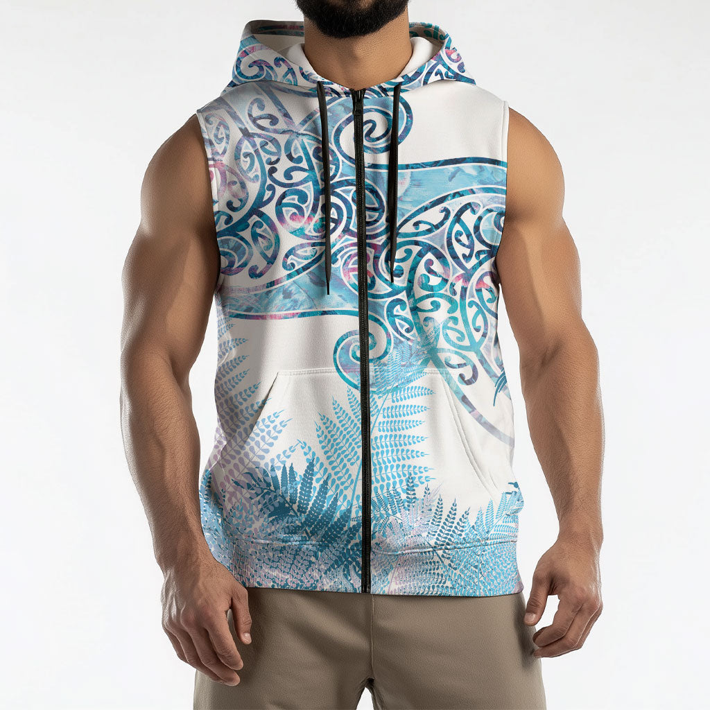 Aotearoa Maori Koru Curves Sleeveless Zip Hoodie Aqua Paua Shell