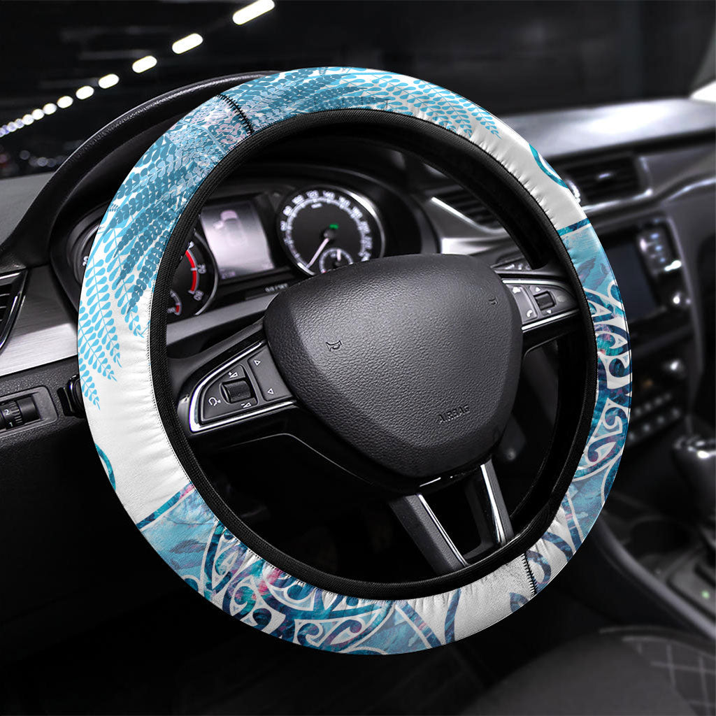 Aotearoa Maori Koru Curves Steering Wheel Cover Aqua Paua Shell LT7 Universal Fit Blue - Polynesian Pride