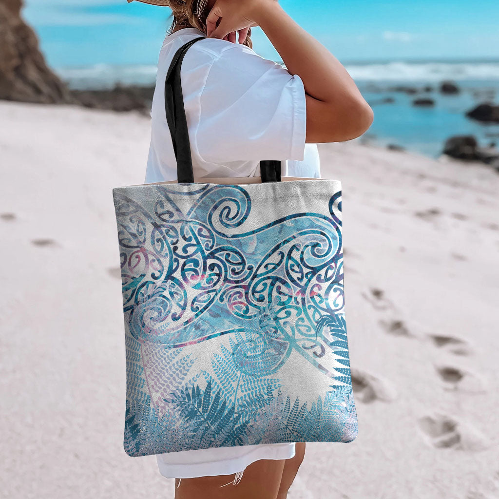 Aotearoa Maori Koru Curves Tote Bag Aqua Paua Shell