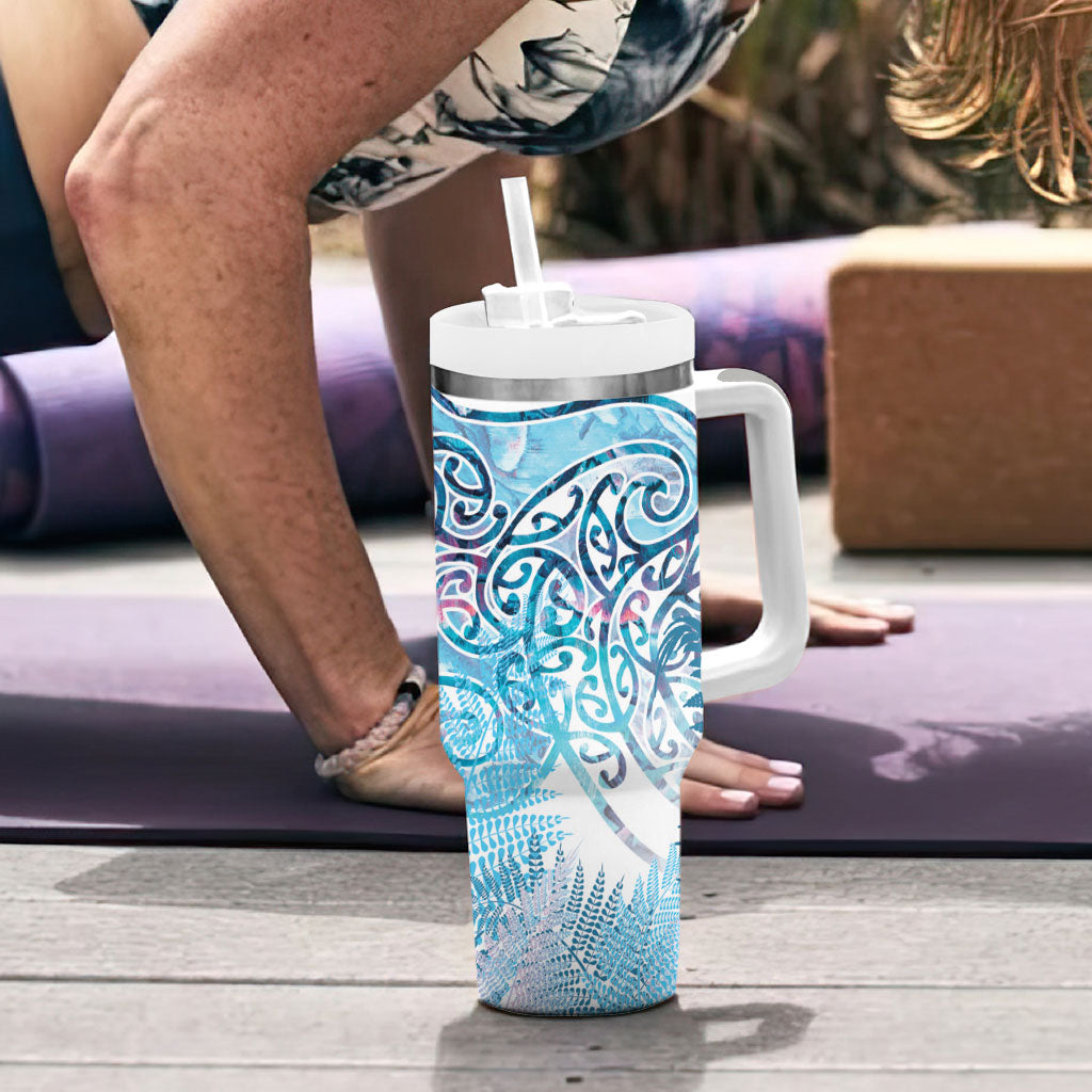 Aotearoa Maori Koru Curves Tumbler With Handle Aqua Paua Shell LT7 - Polynesian Pride