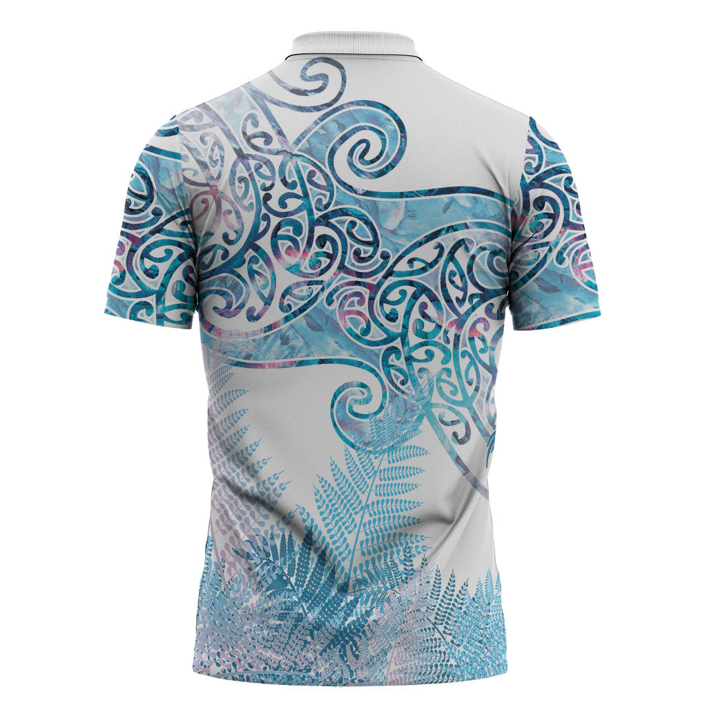 Aotearoa Maori Koru Curves Zipper Polo Shirt Aqua Paua Shell