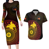 Papua New Guinea Independence Personalized Couples Matching Long Sleeve Bodycon Dress and Hawaiian Shirt Tapa Circle LT7 Black - Polynesian Pride