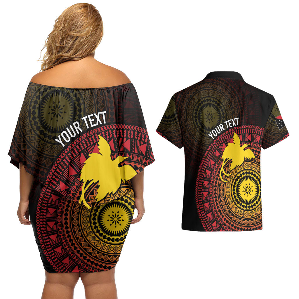 Papua New Guinea Independence Personalized Couples Matching Off Shoulder Short Dress and Hawaiian Shirt Tapa Circle