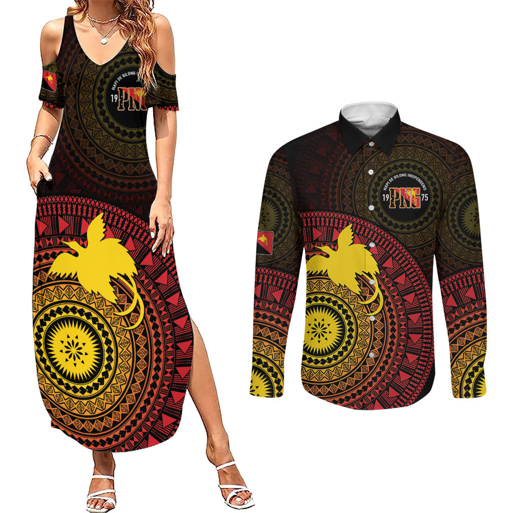 Papua New Guinea Independence Personalized Couples Matching Summer Maxi Dress and Long Sleeve Button Shirt Tapa Circle