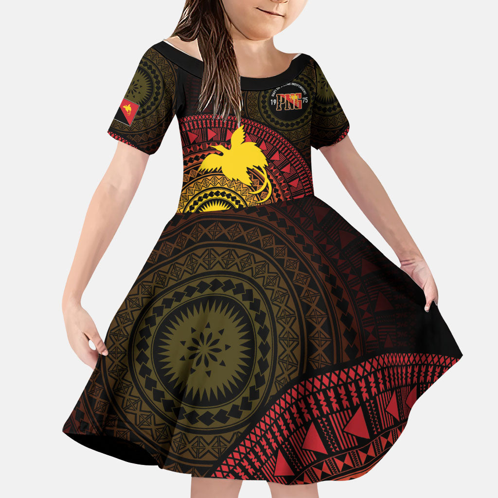 Papua New Guinea Independence Personalized Family Matching Off The Shoulder Long Sleeve Dress and Hawaiian Shirt Tapa Circle LT7 Daughter's Dress Black - Polynesian Pride