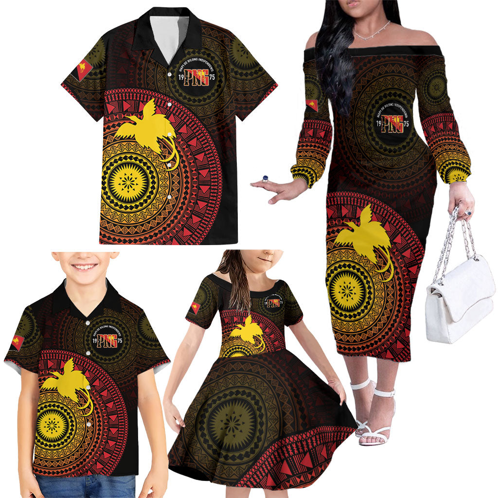 Papua New Guinea Independence Personalized Family Matching Off The Shoulder Long Sleeve Dress and Hawaiian Shirt Tapa Circle LT7 - Polynesian Pride