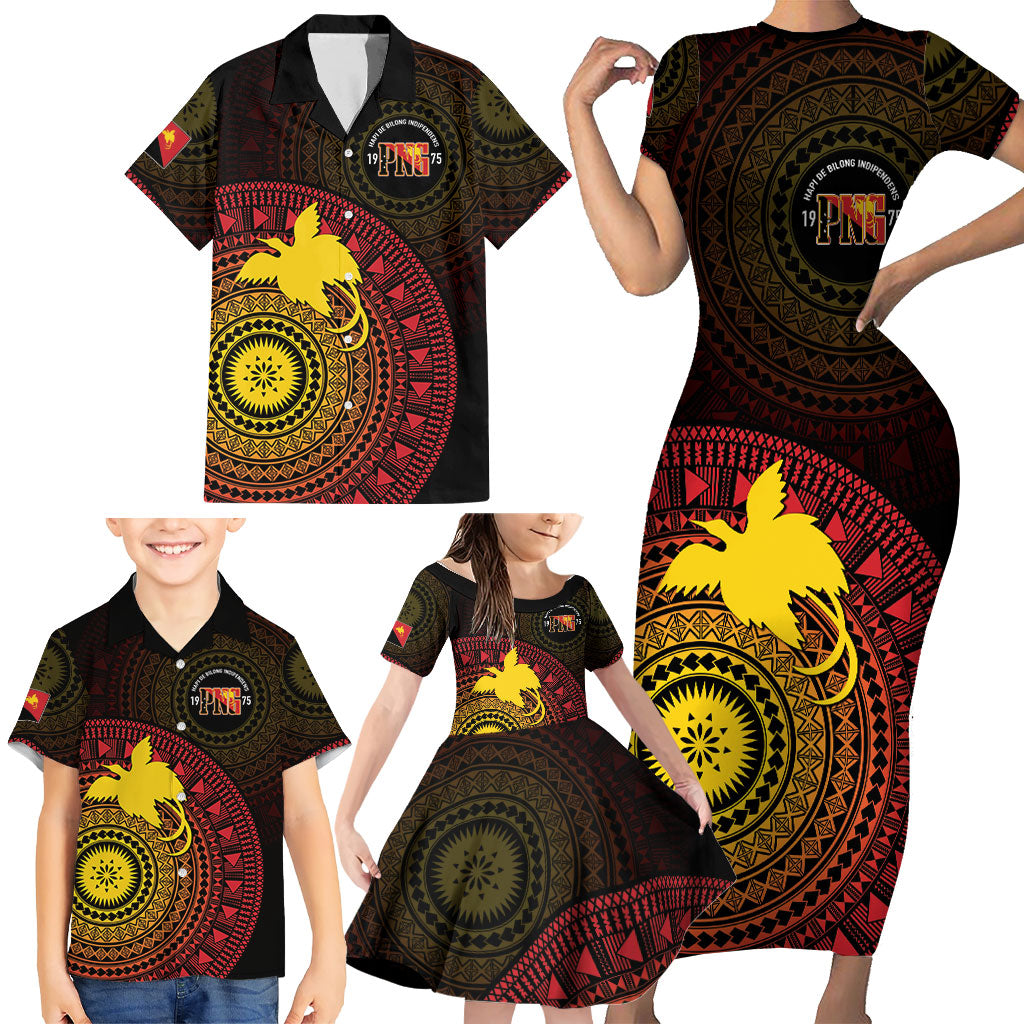 Papua New Guinea Independence Personalized Family Matching Short Sleeve Bodycon Dress and Hawaiian Shirt Tapa Circle LT7 - Polynesian Pride