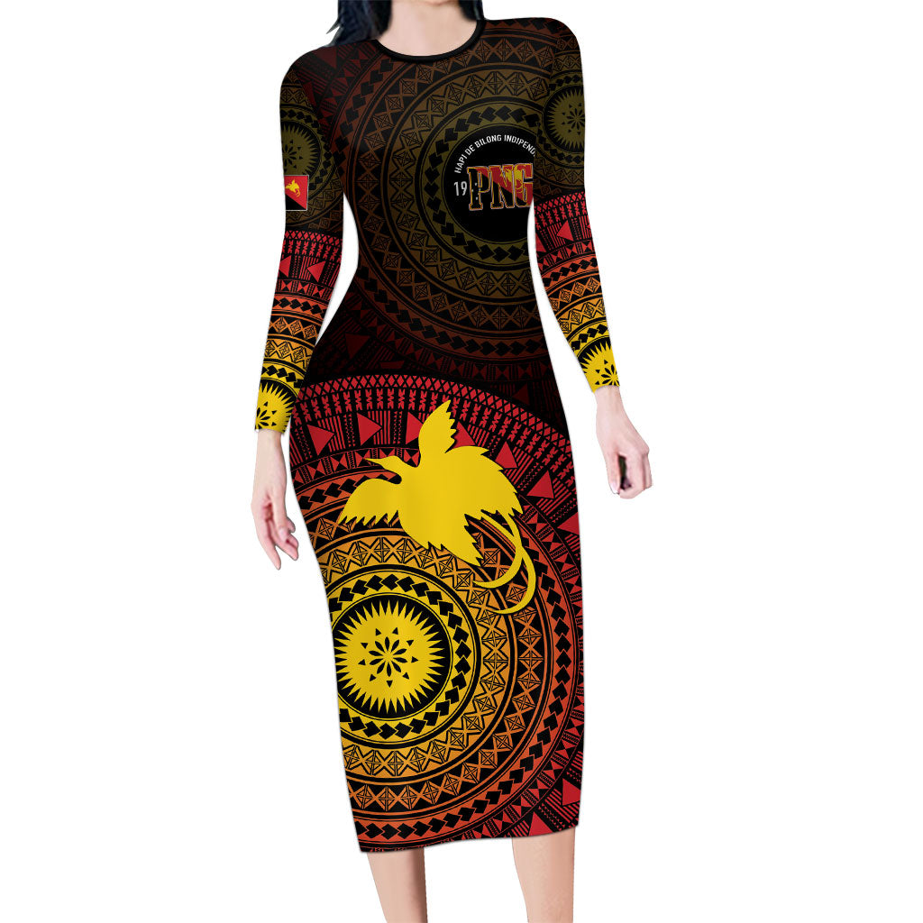 Papua New Guinea Independence Personalized Long Sleeve Bodycon Dress Tapa Circle