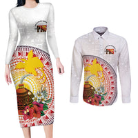 Hapi De Bilong Indipendens Papua New Guinea Couples Matching Long Sleeve Bodycon Dress and Long Sleeve Button Shirt PNG Lime Pot LT7 White - Polynesian Pride