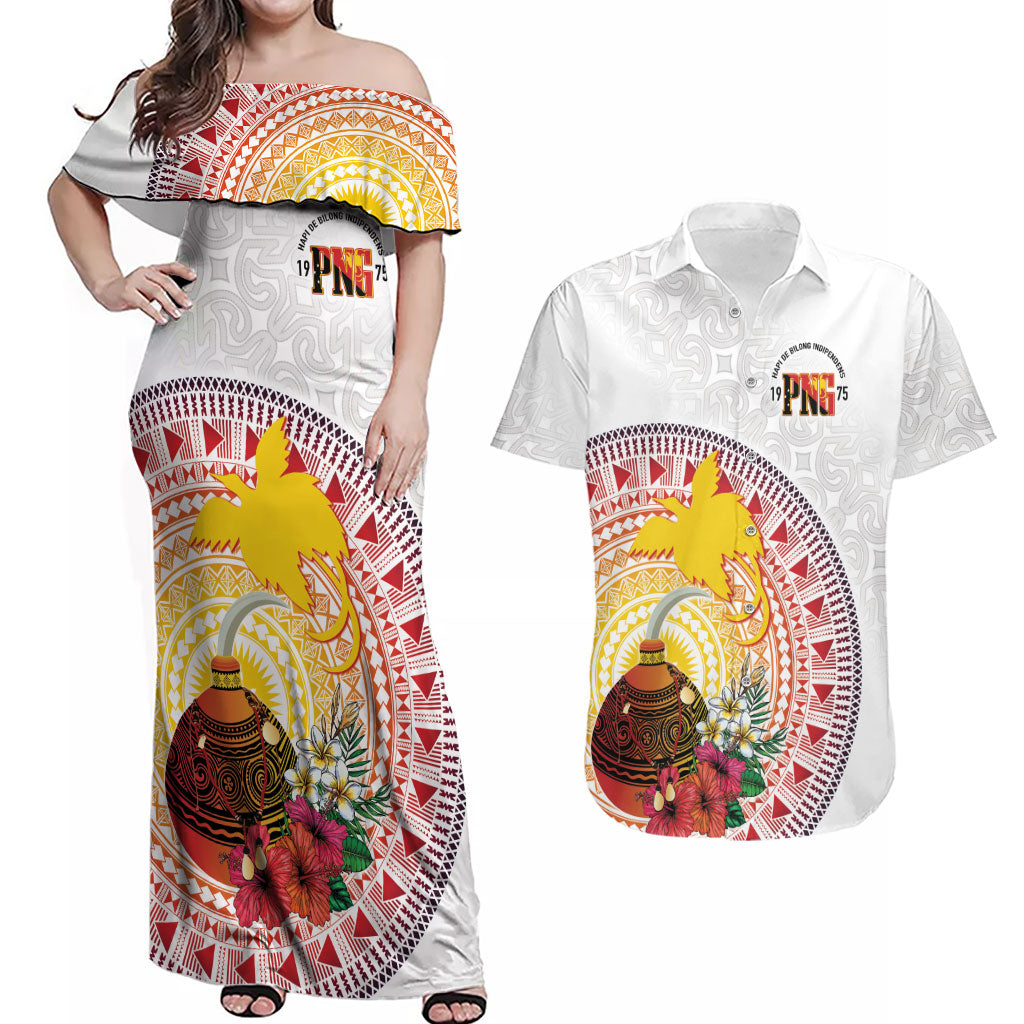 Hapi De Bilong Indipendens Papua New Guinea Couples Matching Off Shoulder Maxi Dress and Hawaiian Shirt PNG Lime Pot LT7 White - Polynesian Pride