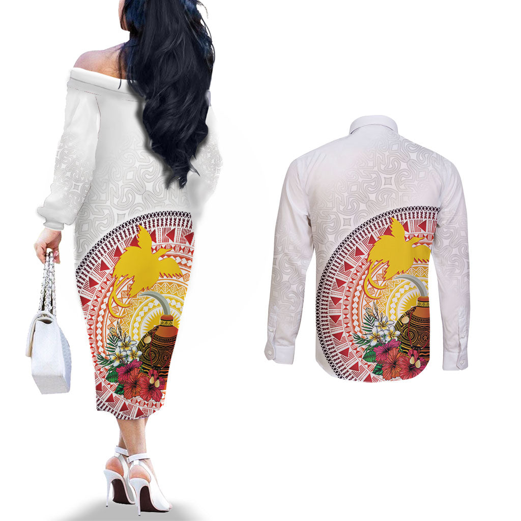 Hapi De Bilong Indipendens Papua New Guinea Couples Matching Off The Shoulder Long Sleeve Dress and Long Sleeve Button Shirt PNG Lime Pot LT7 - Polynesian Pride