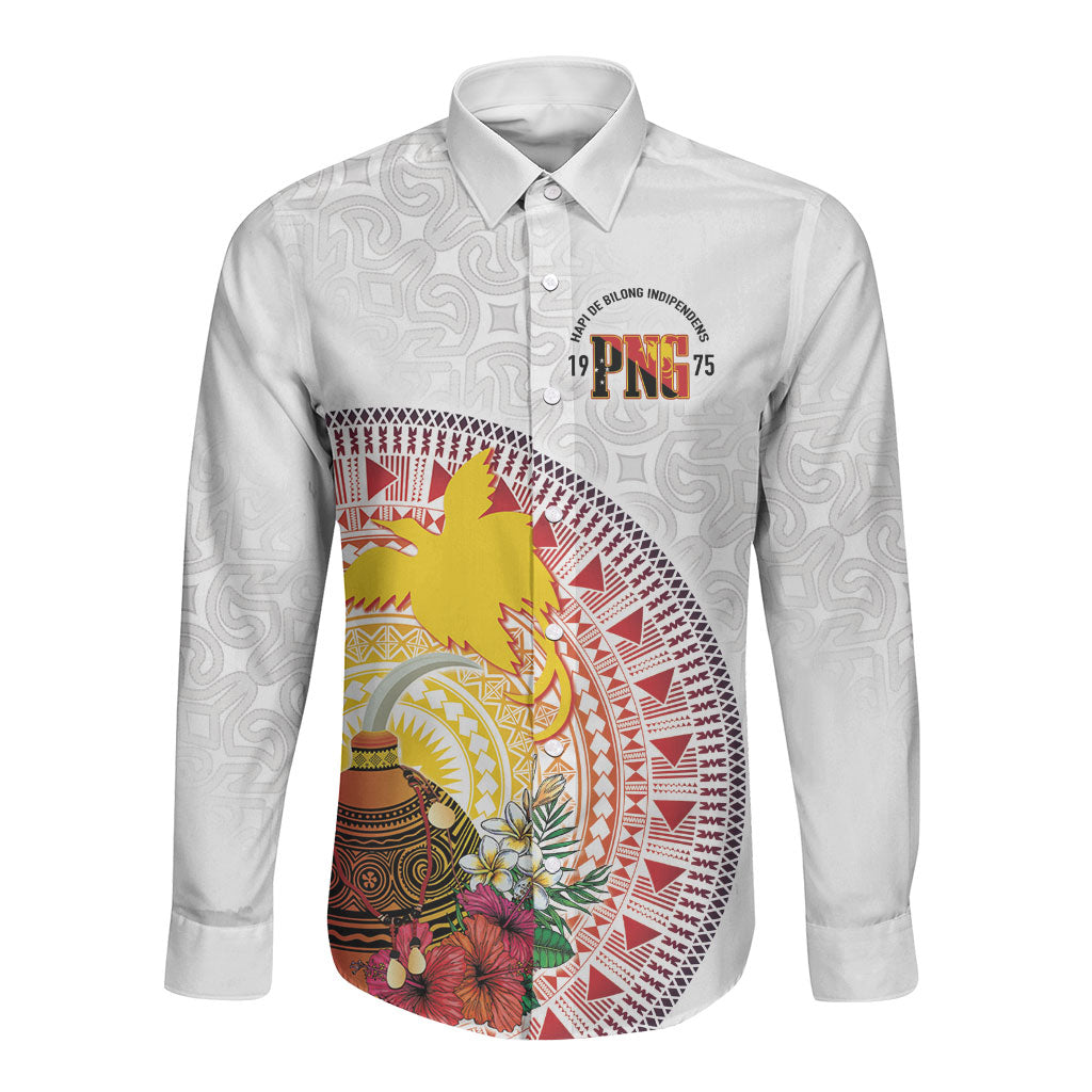 Hapi De Bilong Indipendens Papua New Guinea Long Sleeve Button Shirt PNG Lime Pot LT7 Unisex White - Polynesian Pride