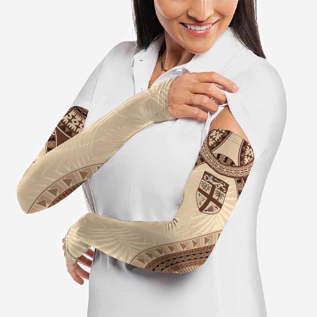 Bula Fiji Day 55th Anniversary Masi Tapa Arm Sleeves Emerald Jubilee - Beige - Polynesian Pride