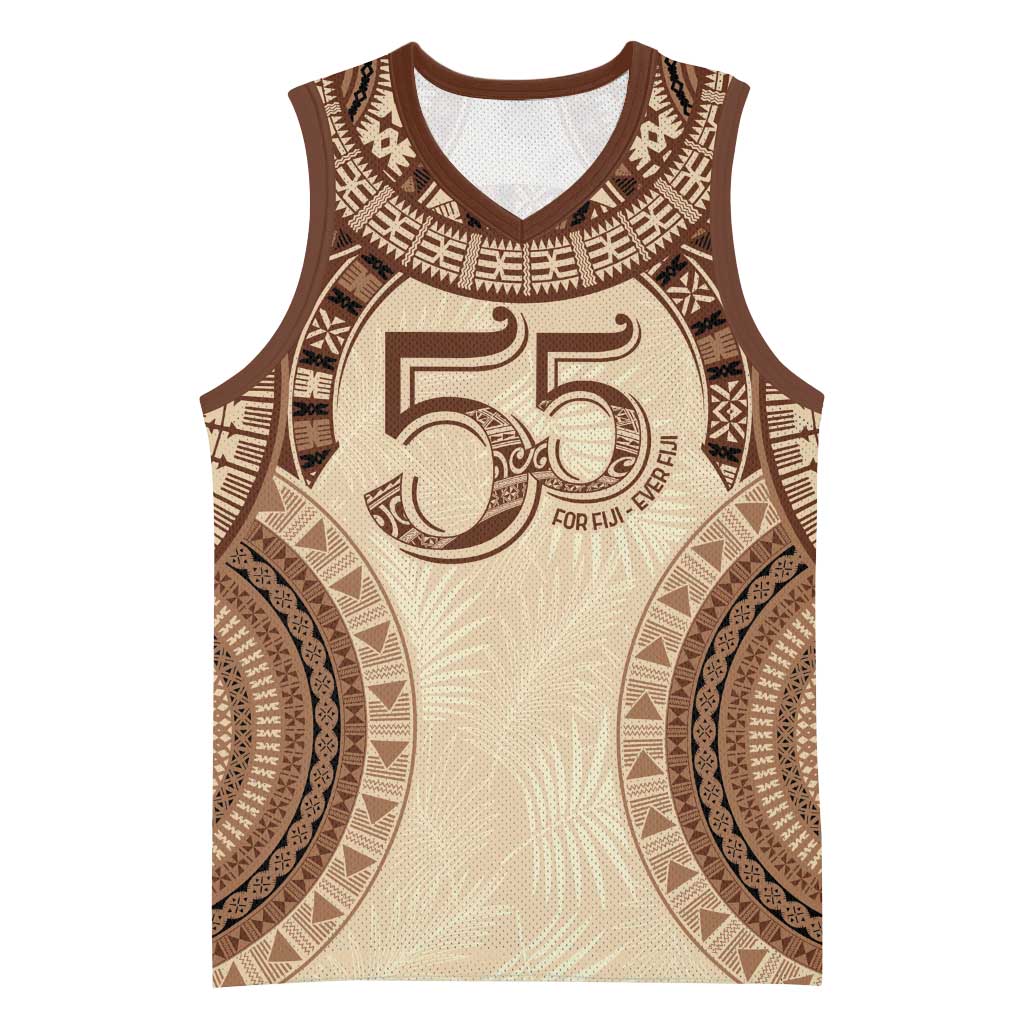 Bula Fiji Day 55th Anniversary Masi Tapa Basketball Jersey Emerald Jubilee - Beige - Polynesian Pride